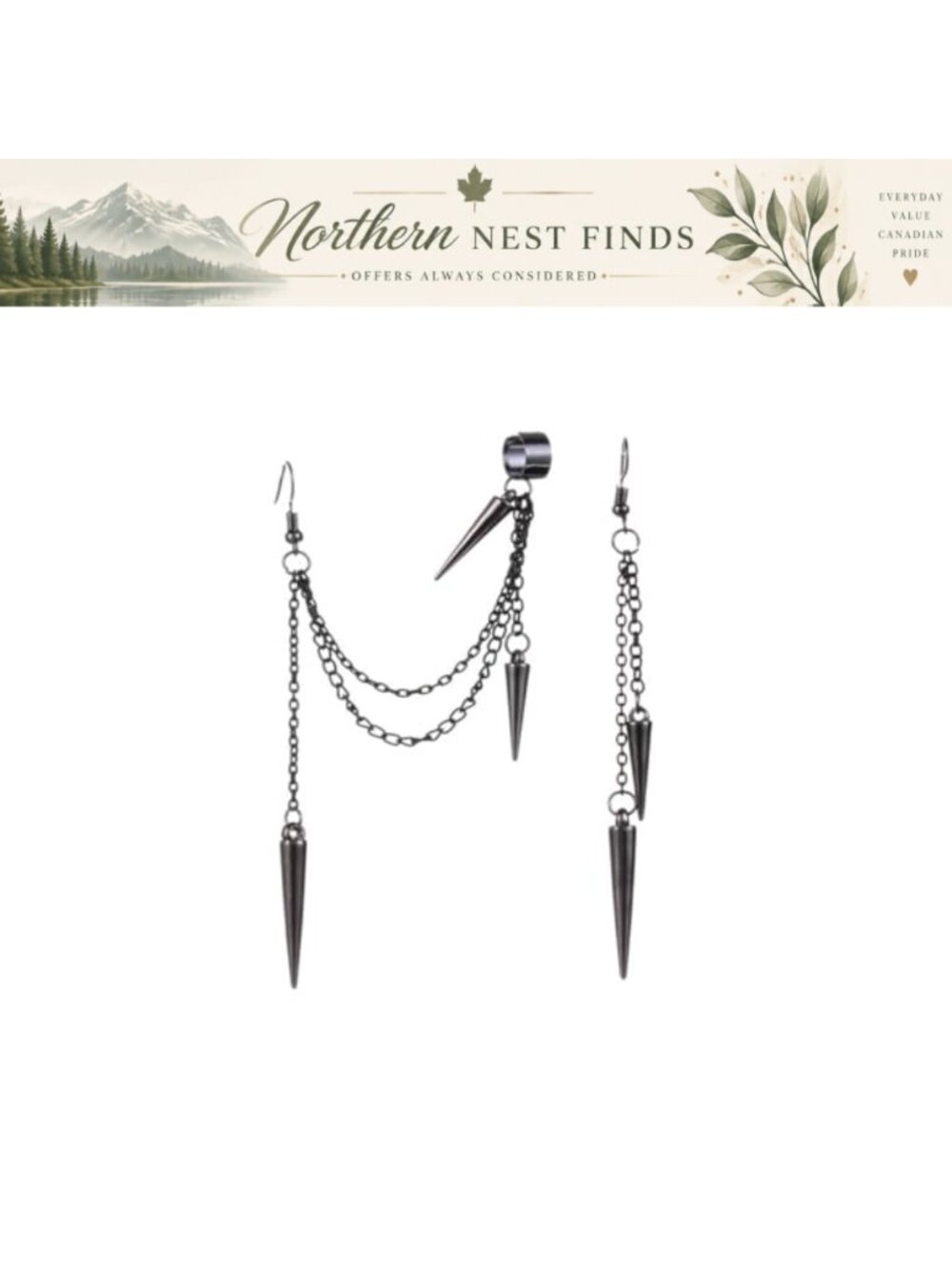 Asymmetry Rivet Dangle Ear Clips Punk Goth Tassel Chain Ear Cuff Earrings